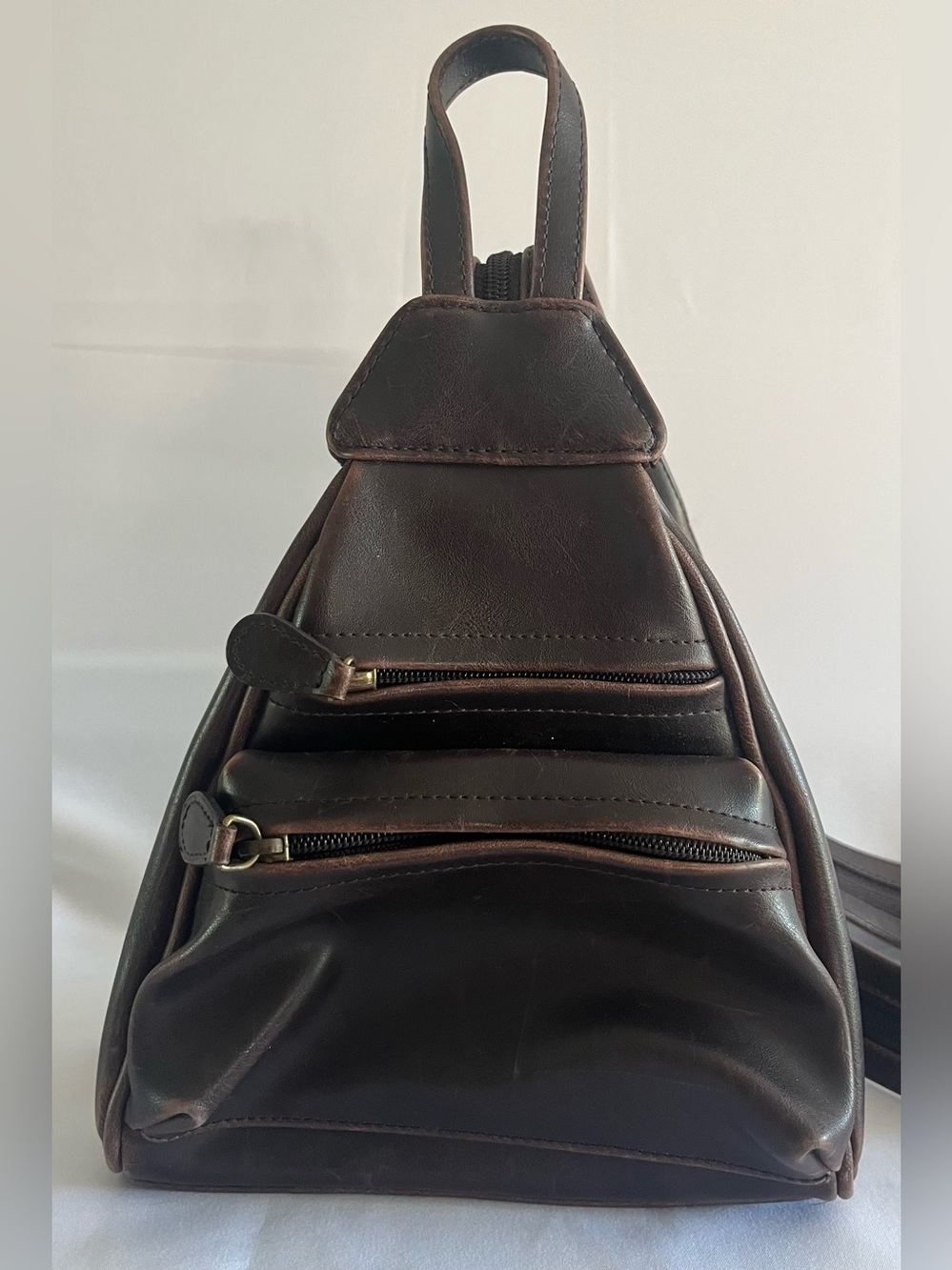 Vintage Villager Espresso Brown Leather Sling Backpack Y2K
